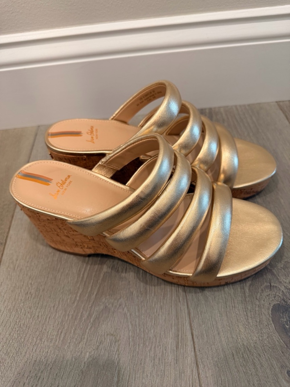 Sam Edelman Yuki Gold Metallic Cork Wedge Slide Sandals Strappy Platform 8.5 - Picture 2 of 11